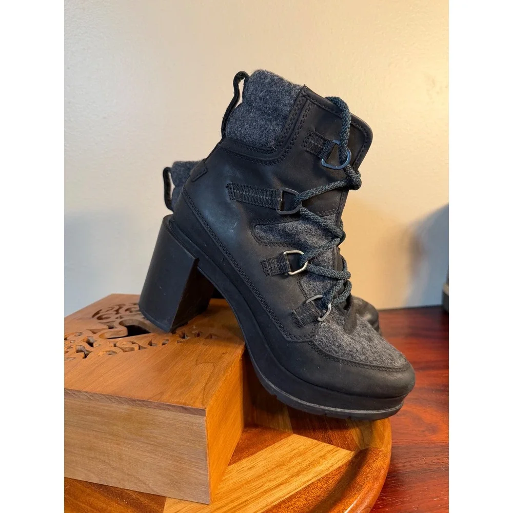 Sorel Cate Lace Black Felt Waterproof Leather Block Heel Ankle Boots NL3695-010